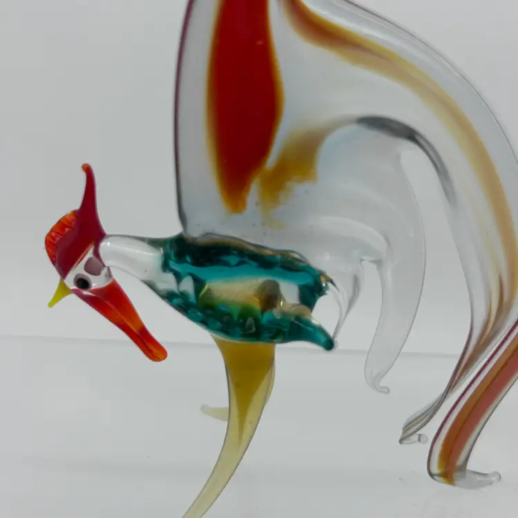 Hand Blown Glass Rooster w Red Tail Figurine Blue Green Orange White
