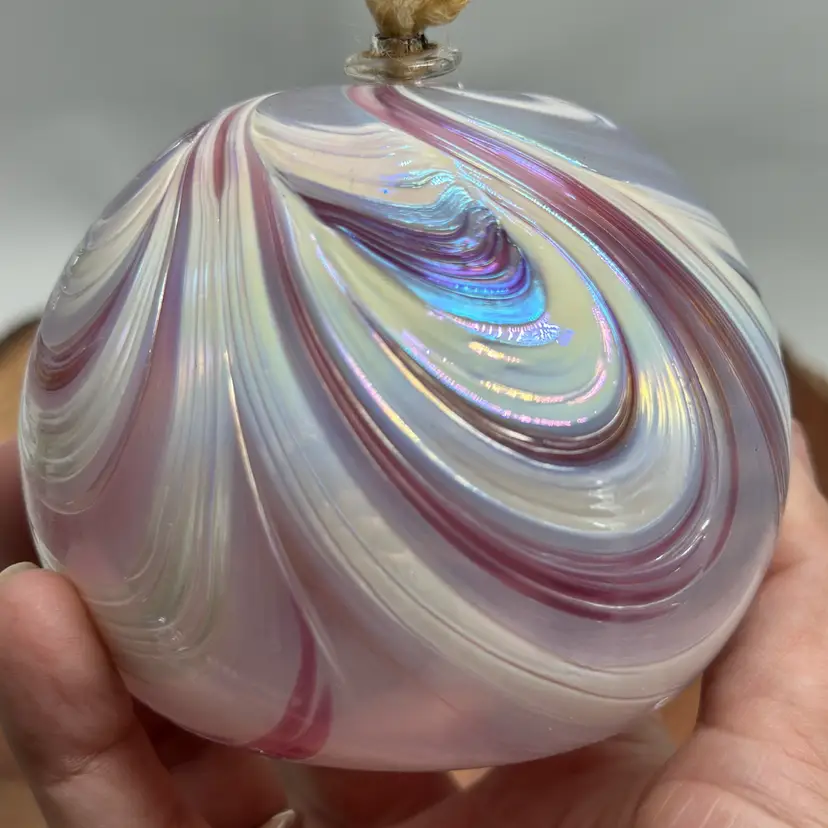 Art Glass Oil Lamp Hand Blown Iridescent Drip Swirls Pinks Pearl White Silver