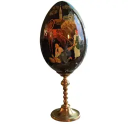 Fabulous Signed V. Snelova Handpainted Russian Folk Art Lacquered Wooden Egg On Brass Stand - XB On Back Stands For Christ Is Risen - 7.5 Inches Tall