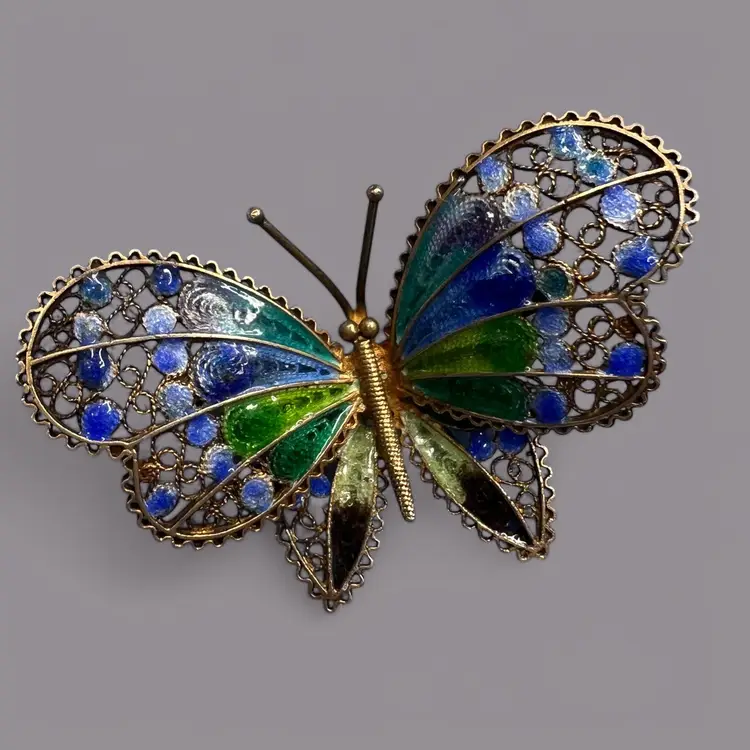 Vintage Filigree Enameled .800 Silver Butterfly Brooch 2.25”