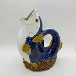 Vintage Majolica Gurgle Fish Pitcher Koi Carp Jug Pitcher Vase Detailed 8.5" Glug