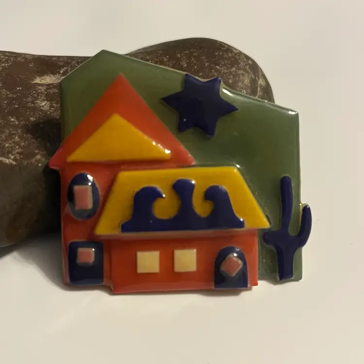 Vintage LUCINDA House Pin – Southwestern Scene Cactus Red House Star Accent 2"