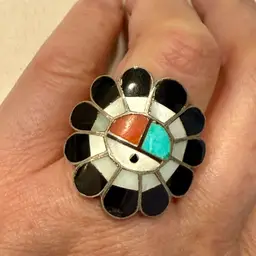 Vintage Native American Zuni Sun Face Onyx, MOP, Turquiose, Coral, Inlay Ring Size 8.25, 6.5g