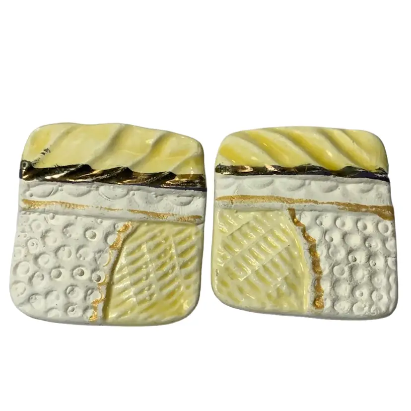 Vintage Square Shape Costume Jewelry White And Buttercup Yellow Porcelain Silver Tone Metallic Post Earrings 