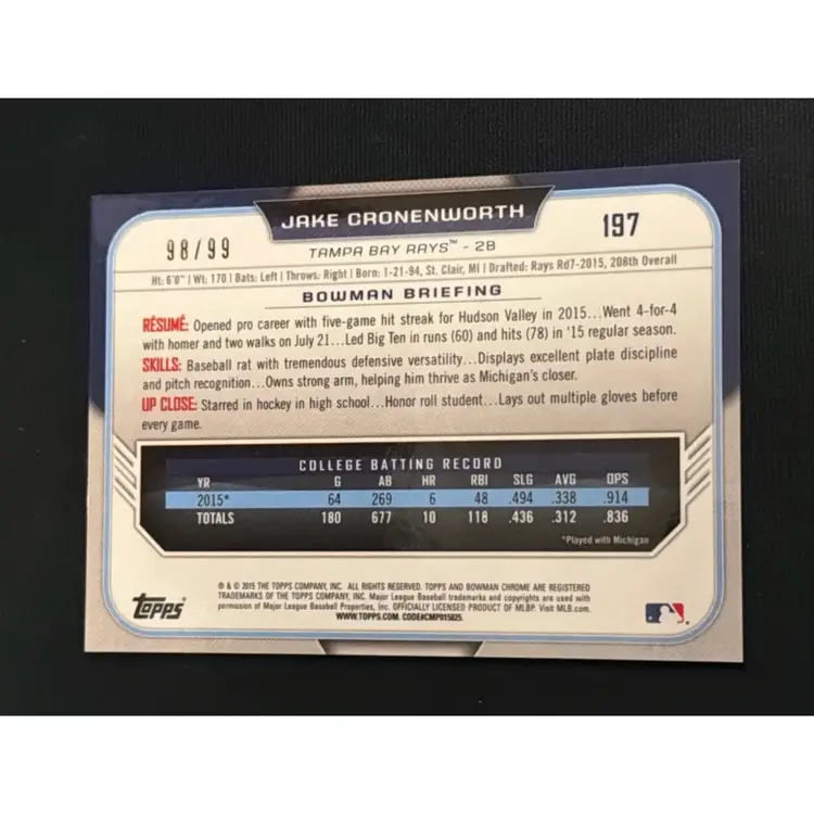 Jake Cronenworth 2015 1st Bowman Draft Chrome Green Refractor /99 #197 San Diego Padres