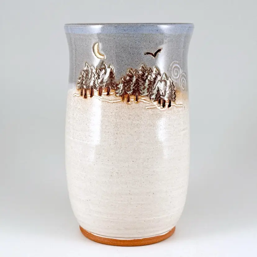 B Schuman Studio Pottery Vase Pine Trees Crescent Moon Bird Incised Landscape