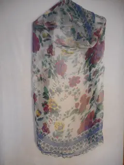 Vintage Sheer Red Blue Floral large square scarf Estate Find