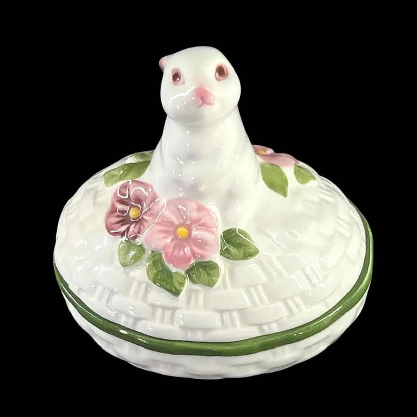 Vintage Trinket Box Figural Bunny Lid Pink Flowers Basket Weave Pattern Hand Painted Brazil
