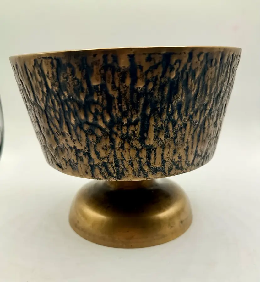 Vintage MCM Brass Pedestal Bowl: Tree Bark Design, Decorative Planter