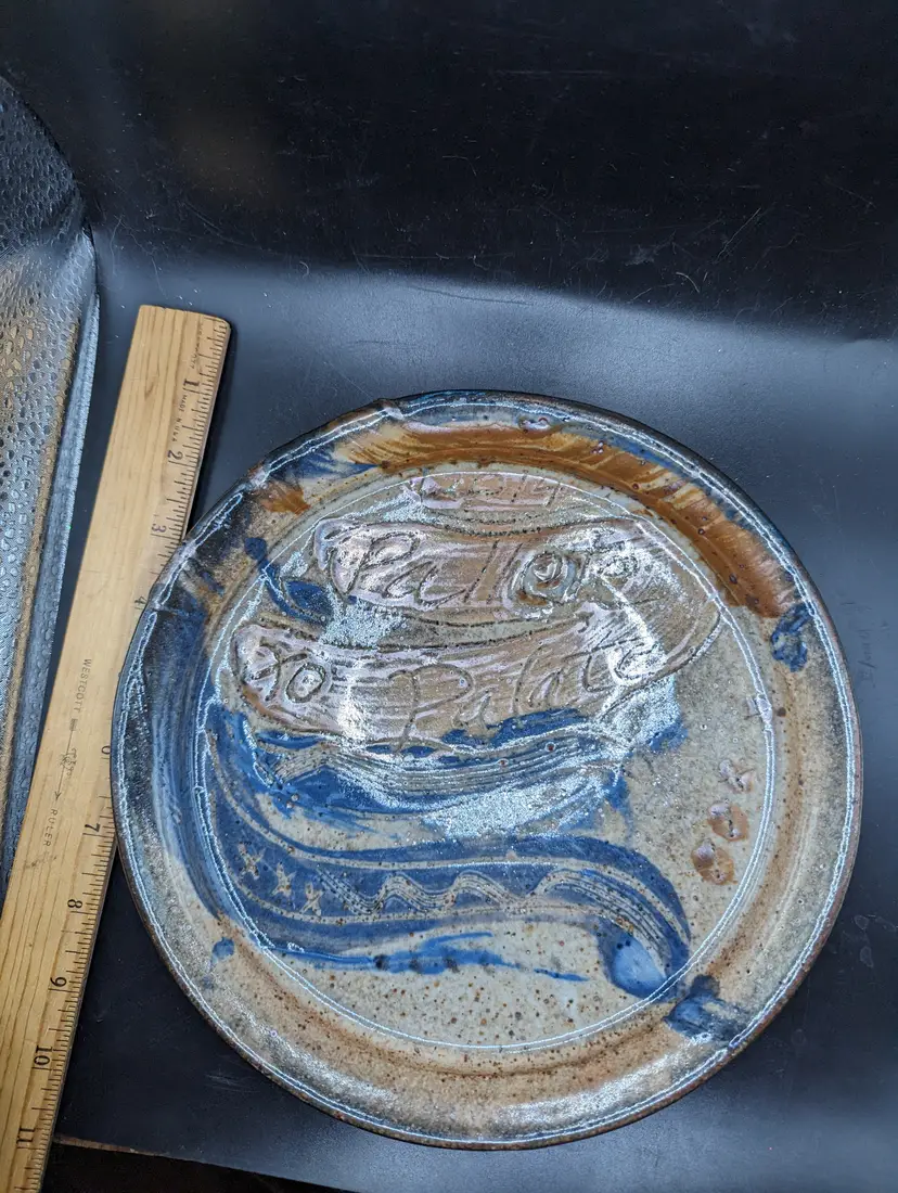 Studio Art Pottery Plate Platter Blue and Tan Pattern  9".