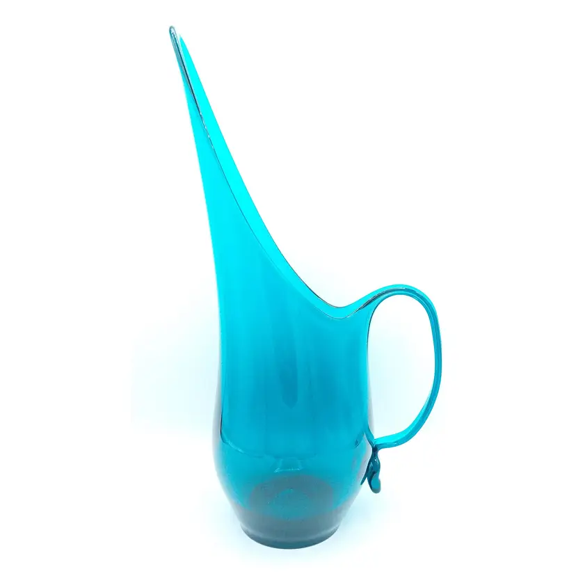 Vintage MCM Viking Glass Epic Early Bluenique Swung Pitcher 16”H 10" Mouth, Teal