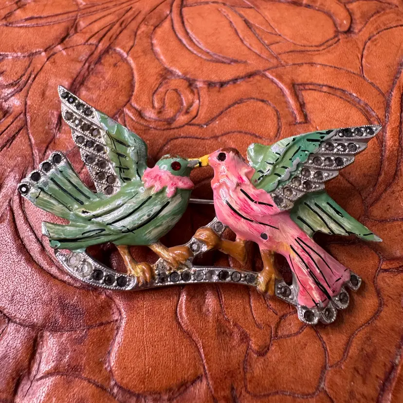 Vintage Two Birds Brooch Pin Enamel & Rhinestone