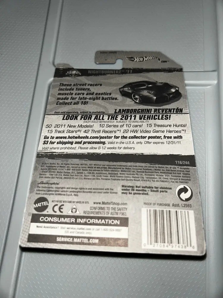Hot Wheels 2011 Mainline Nightburnerz Lamborghini Reventon Black #118 Sealed