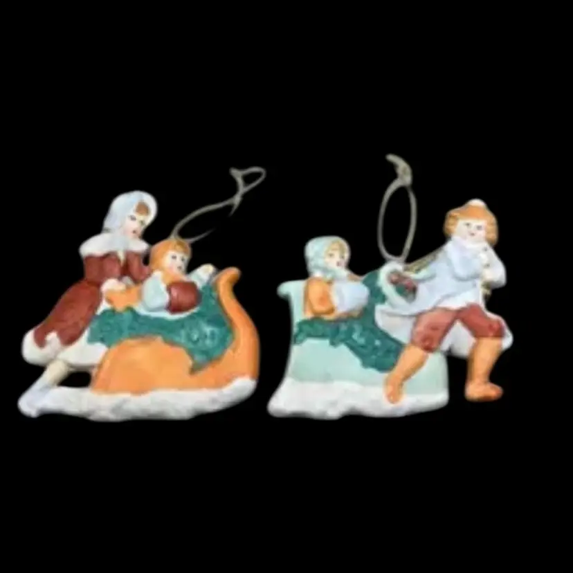 Vintage Kurt Adler Ceramic Victorian Sleigh Ride Christmas Ornaments Set Of 2