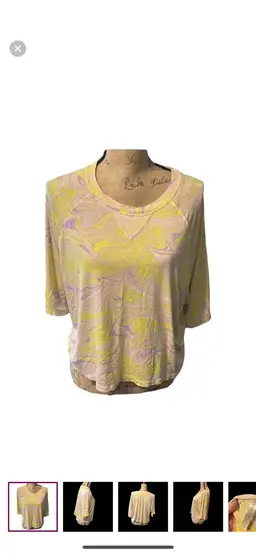 Fabletics flourescent yellow and purple swirls on a cream tee. NWOT.