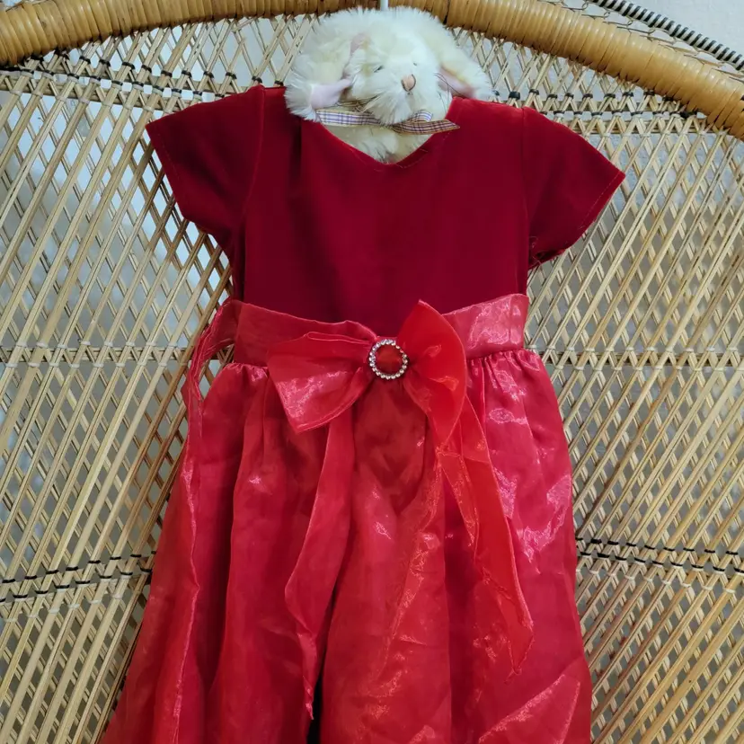 Vintage Sweet Kids Red Velvet and Organza Dress with Bunny Plush Hanger