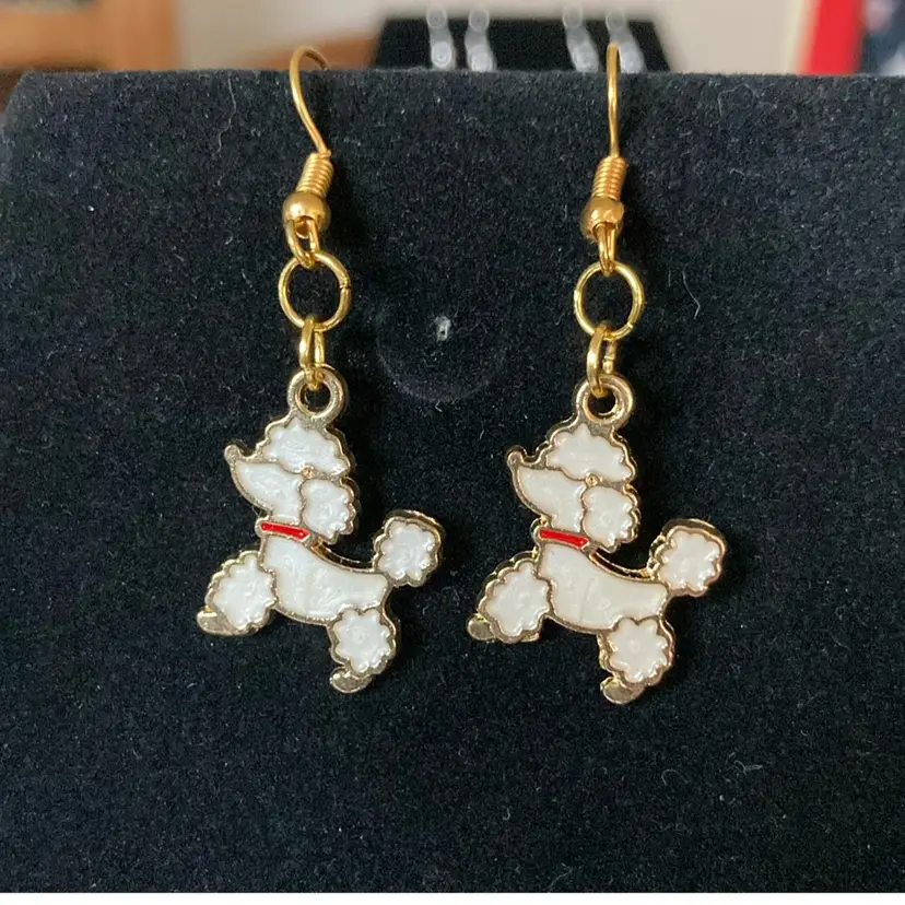 Poodle Fish Hook Earrings! Handmade By Me! 1 3/4” Drop! Gold Toned!