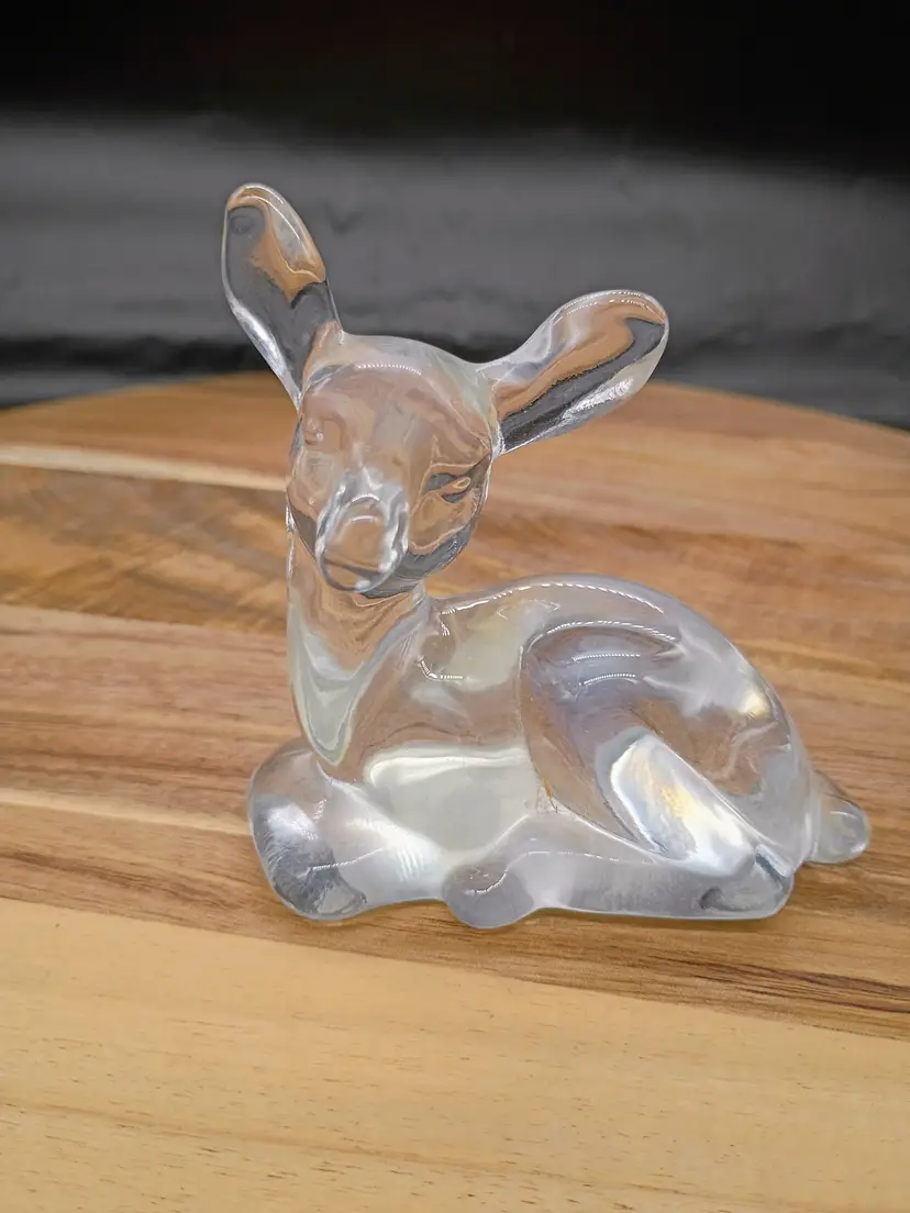 Vintage Fenton Clear Crystal Resting Fawn Deer Figurine Art Glass Impressed Mark.