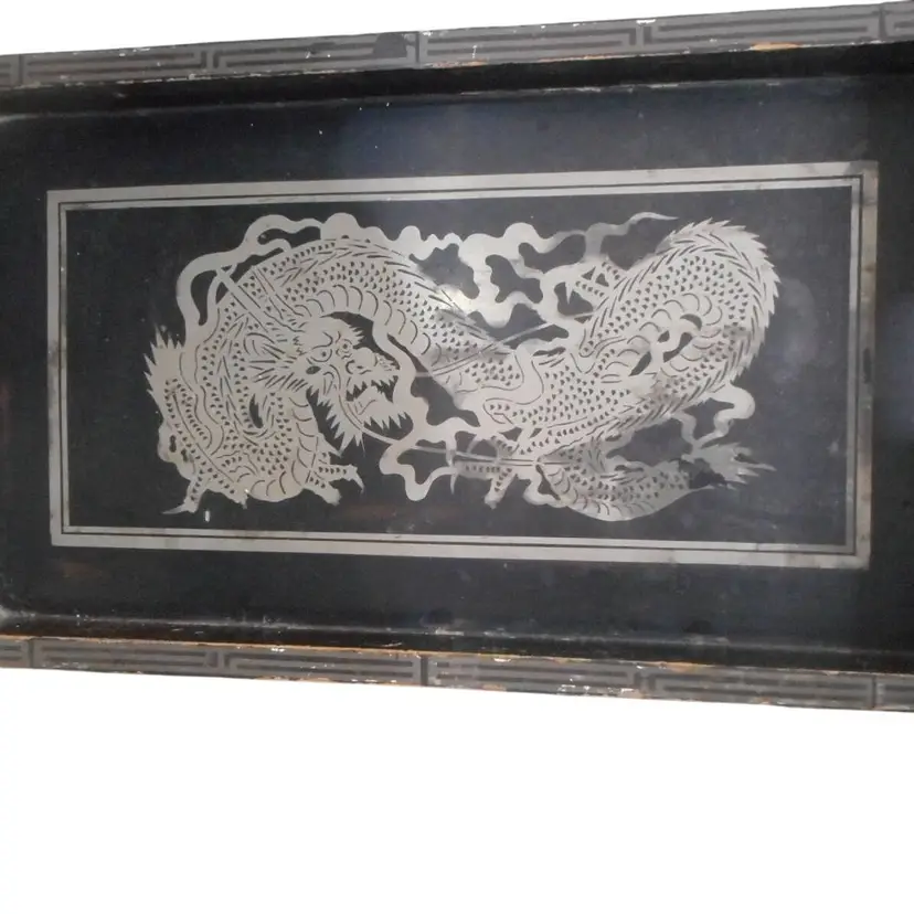 Vintage Black & Silver Dragon Laquer Wood Tray 11.5 x 20" READ