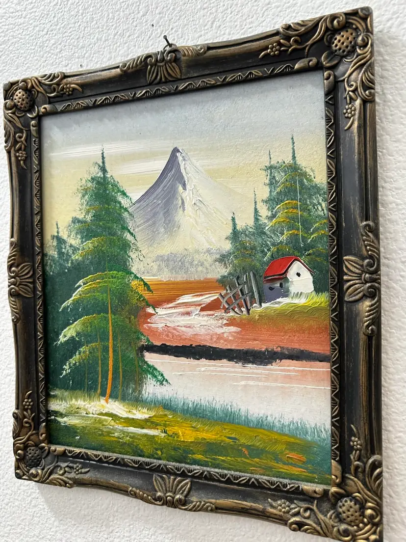 Vintage Original Oil Framed Board Painting Outdoor River Mountains