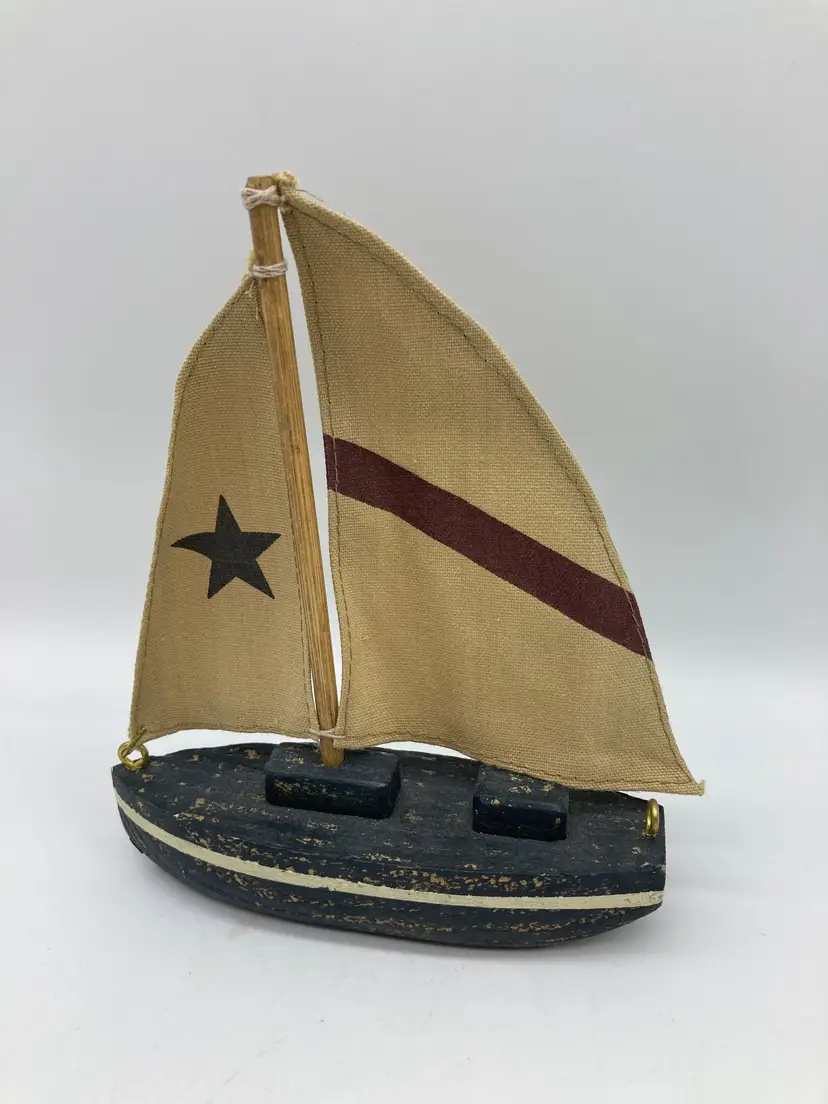 Small Wood Boat with Canvas Sail, Vintage