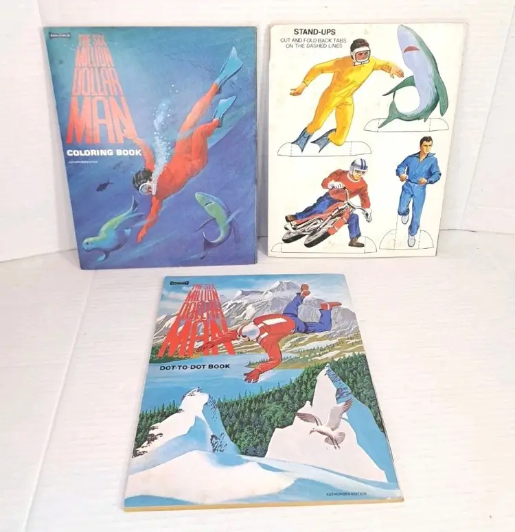 1970s Vtg Lot (3) Six Million Dollar Man Activity Coloring Dot-to-Dot Books 70s
