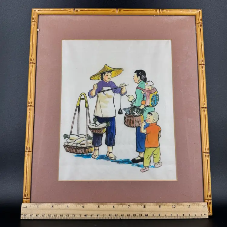 Chinese Framed Painting On Silk Family Shopping