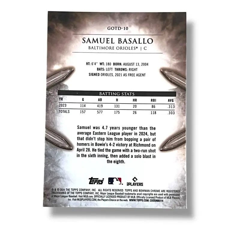 Samuel Basallo SP Case Hit 2024 Bowman Chrome Gladiators of The Diamond