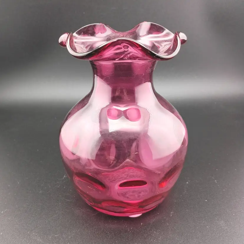Cranberry glass coin dot vase w ruffled rim