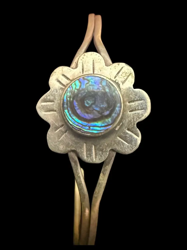 vintage Alpaca silver Mexico abalone flower cuff bracelet
