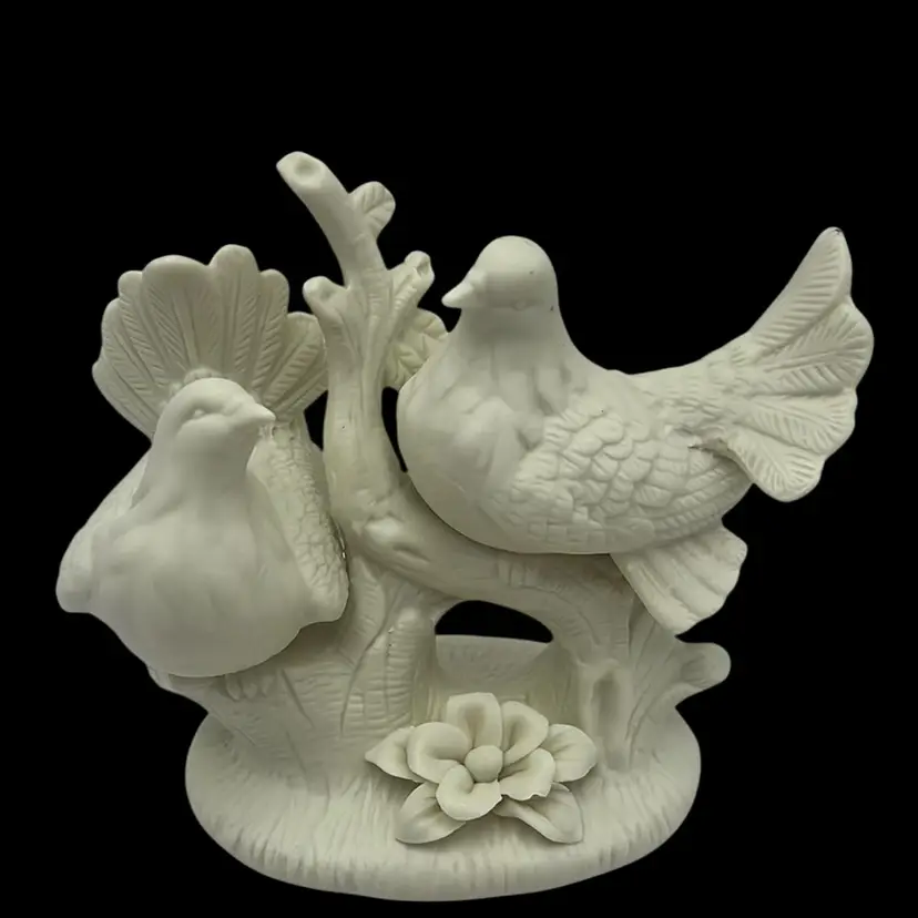 Vintage Ivory Porcelain Bisque Featuring A Pair Of Doves Perched On A Tree Branch, 6” Wide And 5” Tall