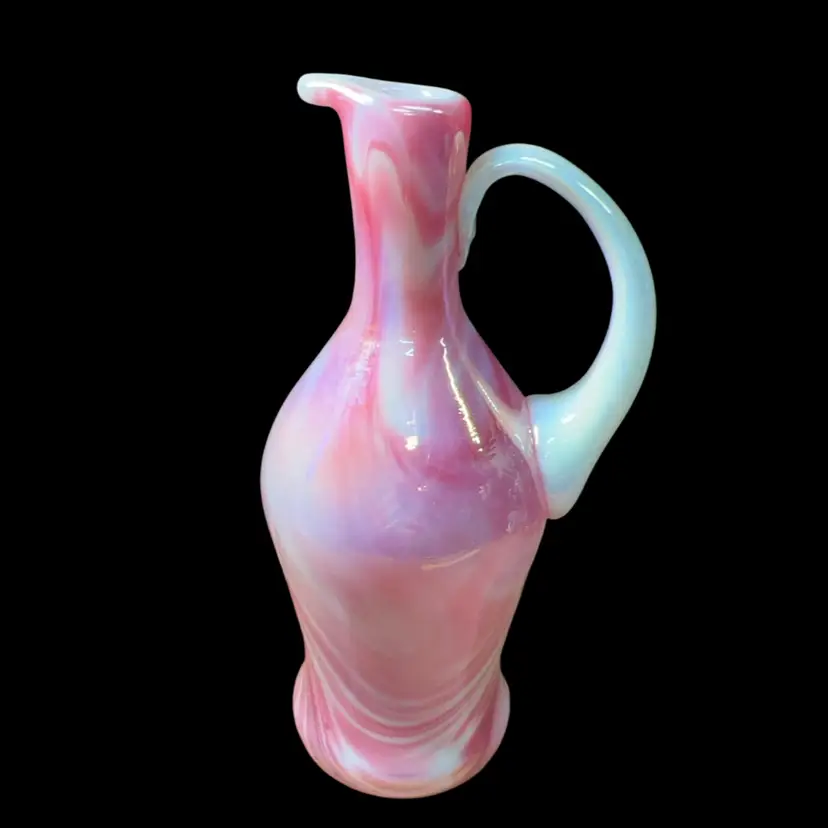 Vintage Art Glass Pink And White With Iridescent Milk Glass Ewer 7”