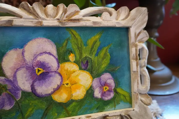 Vintage 1970s Pansies Original Oil Painting | MCM Original Oil Painting in Ornate Frame | Flower Oil Painting