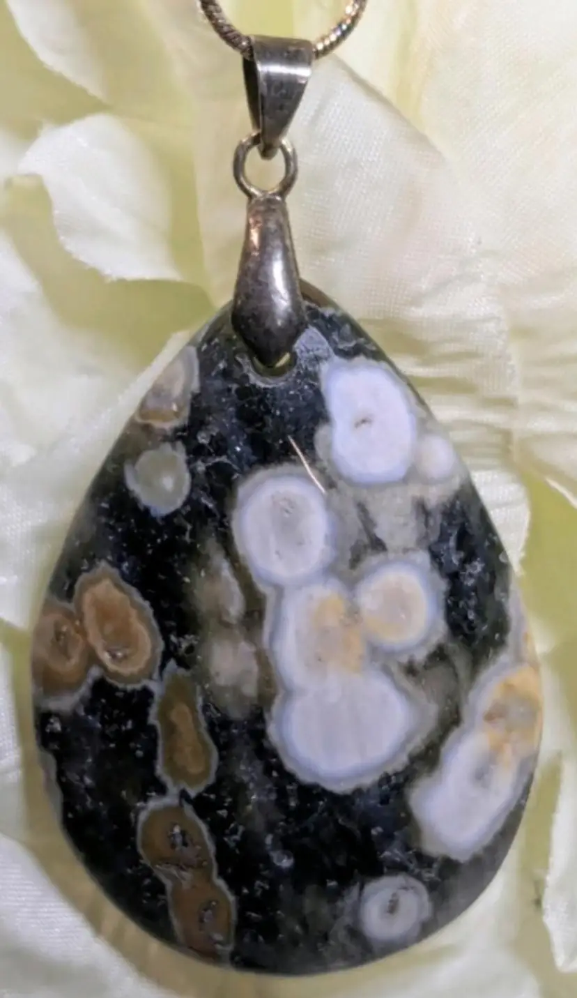 Orbicular Ocean Jasper Stone Necklace w 925 Sterling Silver Chain | 18" Long