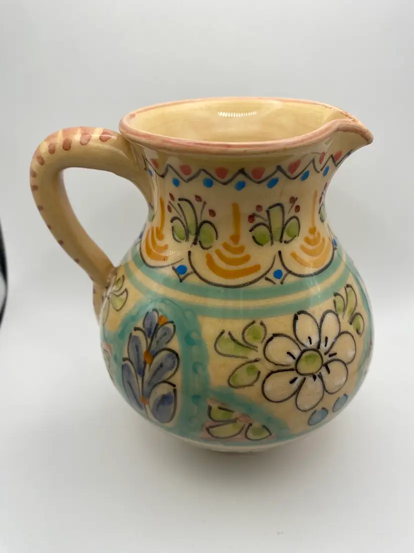 Hand Painted Ceramic Pitcher Made In Spain 5” Tall x 4” Wide