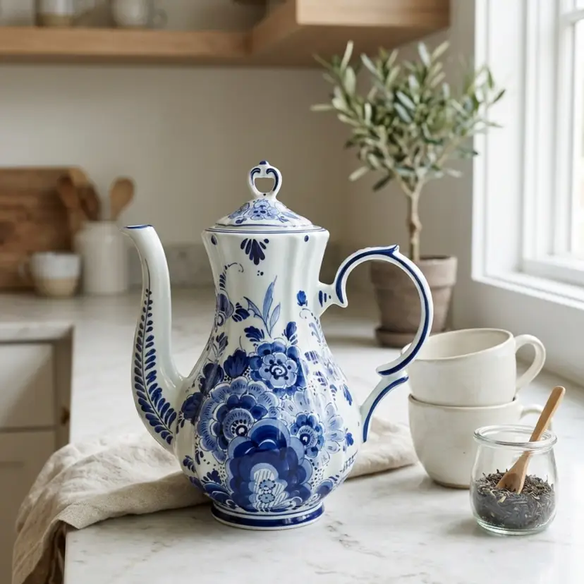 Vintage Delft Porcelain Coffee Tea Pot Hand Painted Cobalt Blue Floral 10 Inch