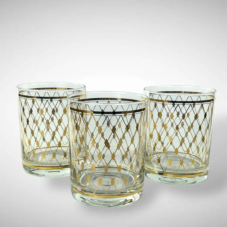 3 Georges Briard Vintage Gold Lattice Lowball Glasses MCM Barware