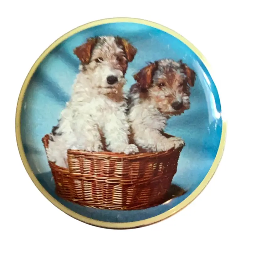 Vintage 1950s Toffee Tin With A Picture Of 2 Wire Fox Terrier Puppies In A Basket 4 Inches