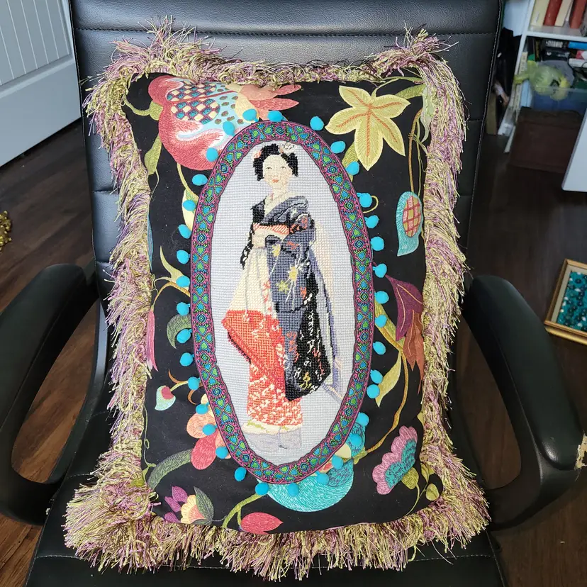 Vintage Geisha Needlepoint Pillow 22 x 16 Petit Point Fringe Oval Inset Pom Poms Chinoiserie