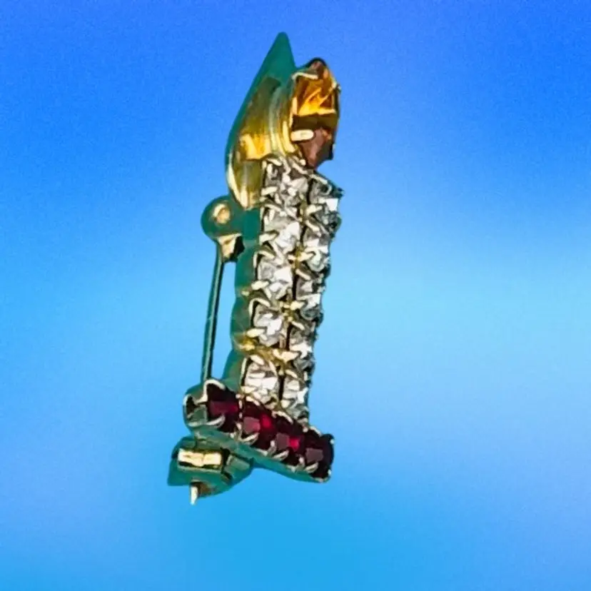 Vintage Gold Tone Burning Flame Look Rhinestone Christmas Candle Brooch