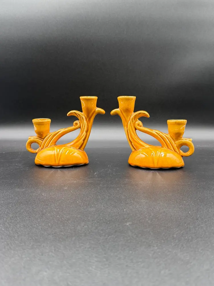 2 Vtg Camark USA 269 Pottery Double Candle Holders, Art Deco, Goldenrod