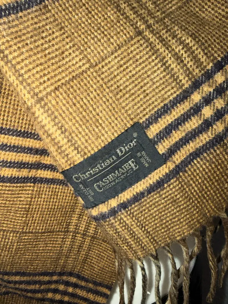 Christian Dior Vintage Cashmaire Scarf Checkered Brown Plaid, Vintage 53”