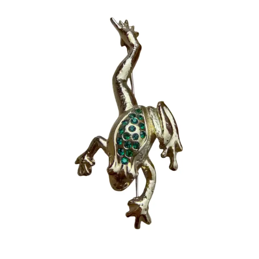 Long Leaping Gold Tone Green Stones Frog Brooch