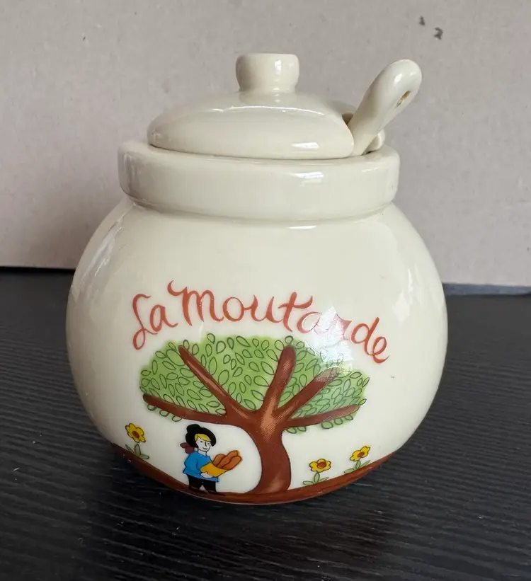 Vtg Gallery Originals La Moutarde Mustard Pot Condiment Jar Spoon 1984