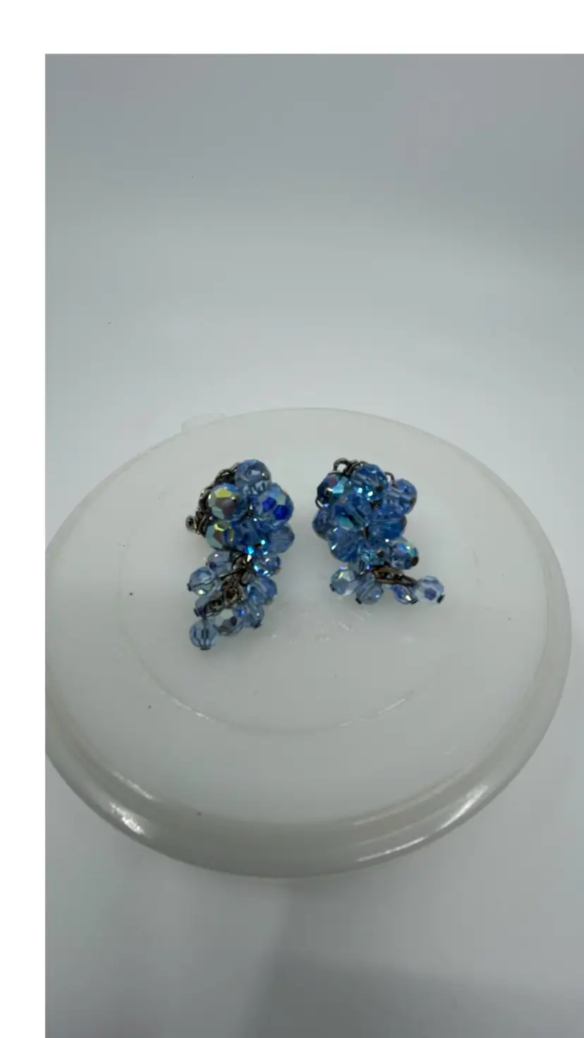 Vintage Blue Crystal Cluster Clip On Earrings