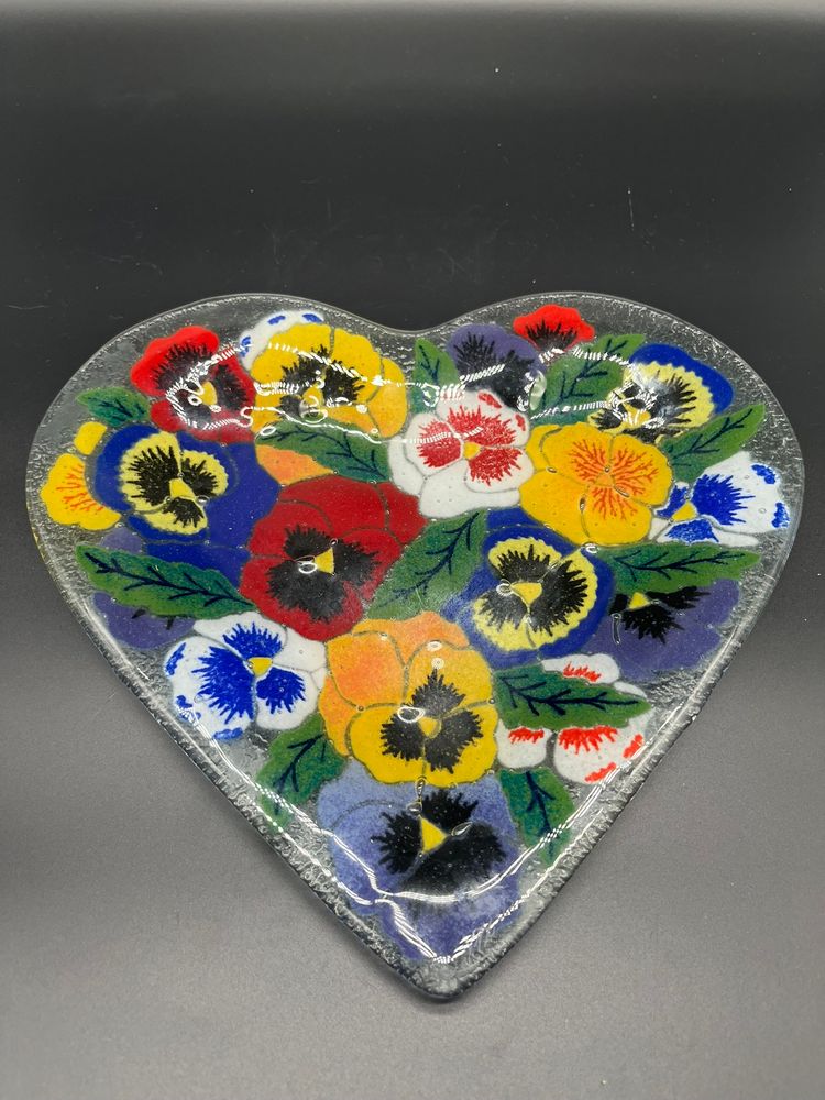 Peggy Karr Signed Heart-Shaped Pansies Fused Glass Art - 2003