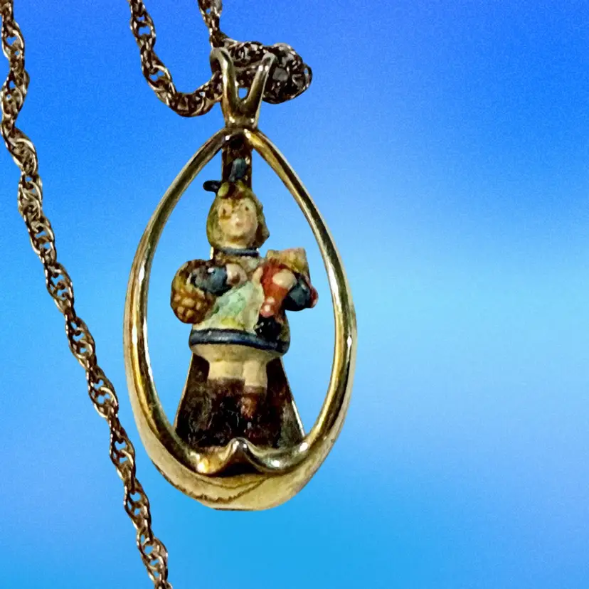 Vintage Goebel Miniature M.I. Hummel “What Now” Sterling Pendant on Gold Filled Necklace