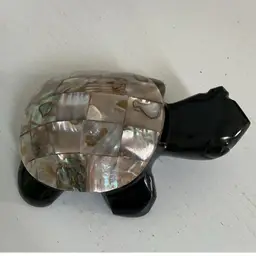 Gorgeous Vintage Black Obsidian Hand Carved  Figurine Turtle. With Abalone Shell Inlay. On Heavy Side For Weight.