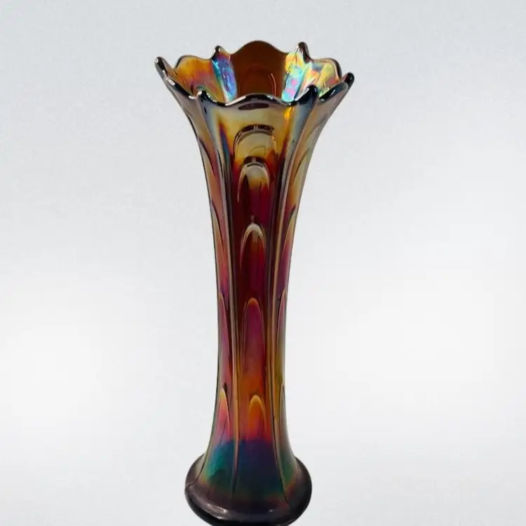 Dugan Amethyst Carnival Glass Pulled Loop Vase 11”