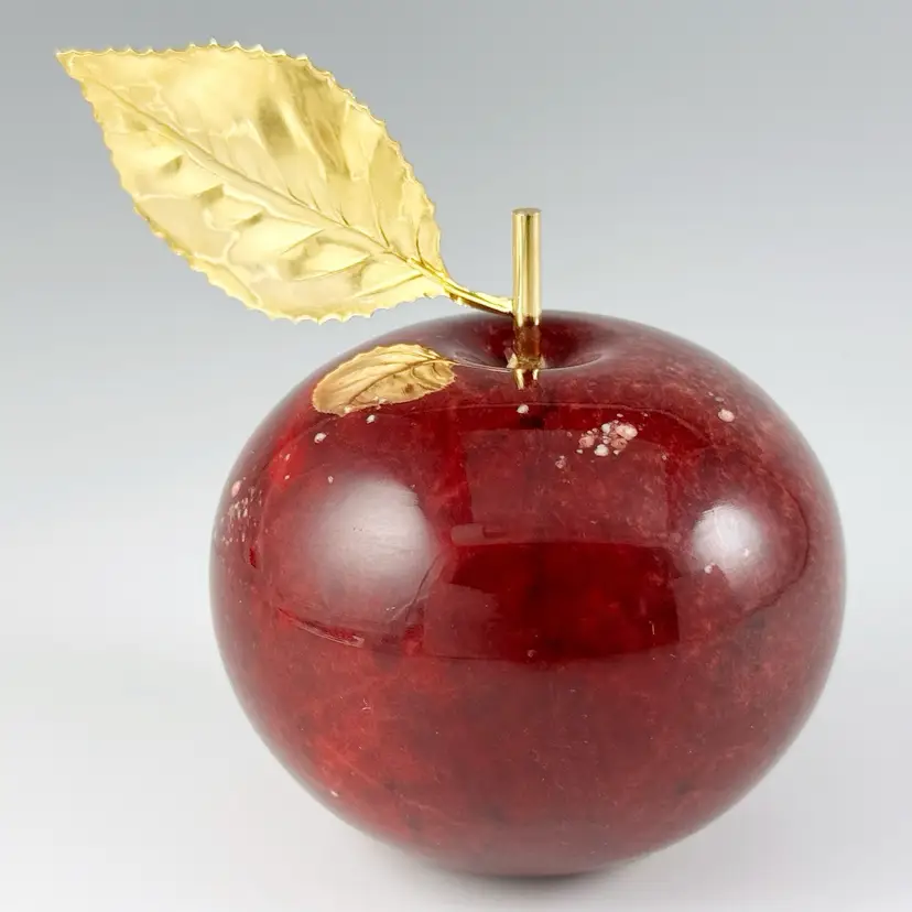 Alabastri Ducceschi Italy, Hand Carved Red Alabaster Apple Paperweight with Metal Stem Leaf